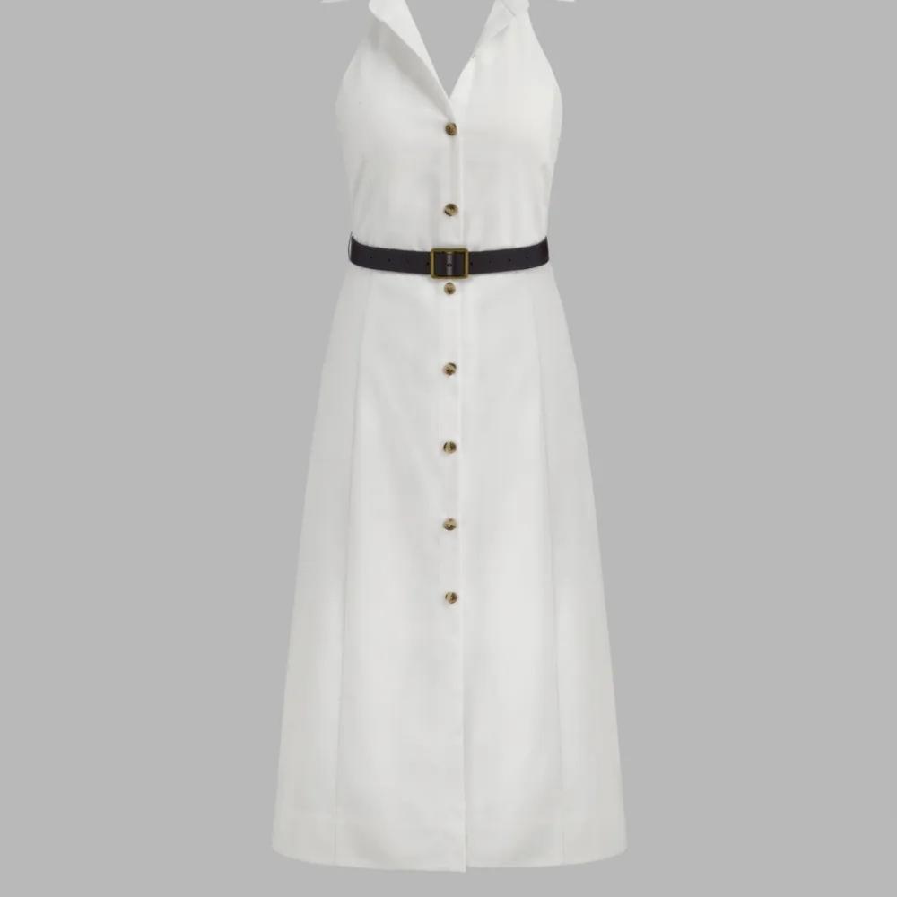 Elegant White Button-Down Dress with Belt